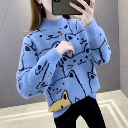 Women's Sweaters Luxury pink Black Print Pullover Half-high-neck Mid-length Jumpers Female Knitwear puff Dress top