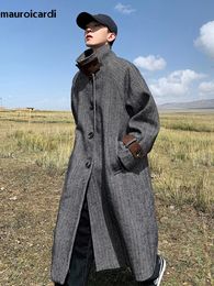 Men's Wool Blends Mauroicardi Autumn Winter Long Oversized Herringbone Woollen Trench Coat Men Single Breasted Loose European Fashion 220930