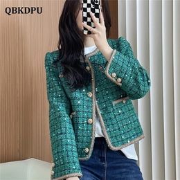 Womens Jackets Chic Design Sequins Green Plaid Tweed Cropped Jacket Women Korean Fashion Buttons Short Coat Vintage Luxury Chaquetas De Mujer 221007