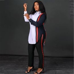 Women's Two Piece Pants 2 Two Piece Set Stripe Print Long Sleeve Blouse Tops And Pant Suits Spring Autumn Women Set Sheath Matching Fashion Outfit 221007