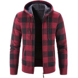 Sweaters Men's Hooded Plaid Printed Long Sleeve Sweater Autumn Winter Plush Large Casual Cardigan Coat Y2210