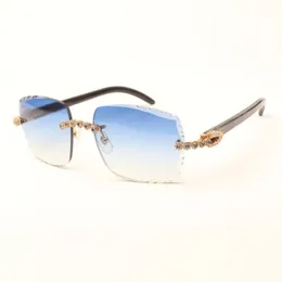 Designer For Man&Woman Frameless Blue Bouquet Cutting Pattern Edge Lenses Diamond Frame Sunglasses With Natural Black Textured Buffalo Horn Legs And Cut Lens