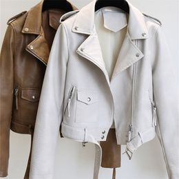 Women's Jackets Ftlzz Spring Autumn Women Faux Leather Jacket Slim Streetwear Khaki Leather Coat Biker Moto Jacket with Belt Female Outerwear 221006