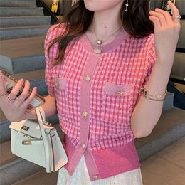 Womens Knits Tees Vintage Pink Short Sleeve Knitted Cardigan Women Korean Fashion Pearl Button Cropped Tops Summer Thin Chic Crew Neck Knitwear 221007