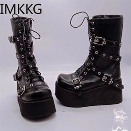 Boots Black Gothic Motorcycle Boots Zip High Heel Punk Chunky Platform MidCalf Women Boots Shoes Women De Mujer Big Size 43 221007