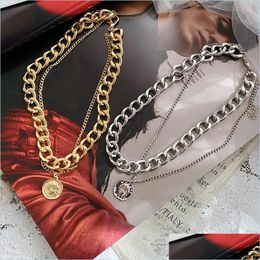 Pendant Necklaces Fashion Vintage Mti Layer Coin Chain Pendant Necklace For Women Gold Sier Colour Portrait Chunky Necklaces 74 D3 Dro Dhwk3