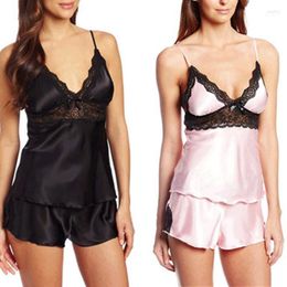 Women's Sleepwear Wholesale- 2022 Sexy Night Suit Candy Colour Fauk Silk Lace Splice Suspenders Bow Pyjama Women Shorts Ladies Pyjamas Set1