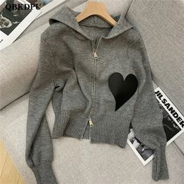 Womens Knits Tees Chic Love Applique Casual Zip Up Knitted Cardigan Women Spring Fashion Hooded Cropped Sweater Korean Long Sleeve Knitwear Tops 221007