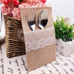 Other Event Party Supplies 20pcs Lace Burlap Cutlery Pouch Vintage Jute Hessian Knife Fork Holder Rustic Wedding Decoration Birthday Tableware Bag 221007