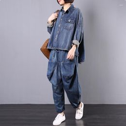 Women's Two Piece Pants Autumn Women Outfits Jean Blouse Tops And Harem Trousers Sets Blue Shirts Denim Female Tracksuits 280S30