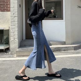 Skirts Rimocy Fashion Split Long Denim for Women Summer High Waisted Mermaid Woman Package Hip Flare Female XXL 221007