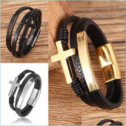 Charm Bracelets Punk Fashion Bangles Black Cross Initial Stainless Steel Woven Handmade Leather Bracelet Charms Golden Mens Letter Je Dhdvs