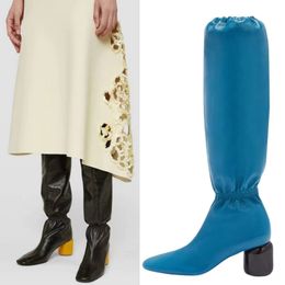 Pist Sonbahar Tıknaz Yüksek Topuk Diz Yüksek Botlar Kadın Ayakkabı Çıkarılmış Gerçek Deri Karışık Renk Elastik Bant Morden Uzun Boot