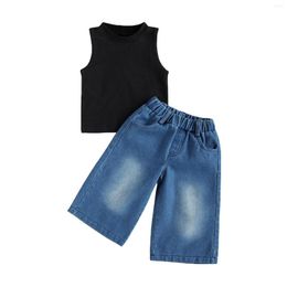 Clothing Sets Kids Girl Tops Loose Jeans Sleeveless Side Pockets Party Street Sports Summer 2-Piece Suit