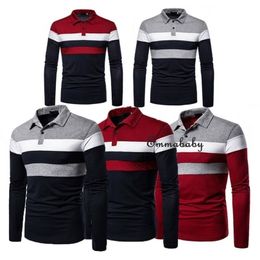 Mens Polos Spring Autumn Men Contrast Colour Striped Shirt Long Sleeve Pullover Casual Stand Collar Stretch Slim Basic MaleTee Top 221007
