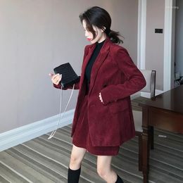 Women's Two Piece Pants Womens Spring Wine Red Corduroy Blazer Set Fashion Office Lady Skirt Double Breasted Suit Jacket Loose