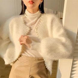 Women's Jackets Women Fall Pink Retro Pearls Beaded Mink Cashmere Knitted Cardigan Knitwear Jacket Wool Mohair Sweater Coat Lantern Sleeve Tops 221007