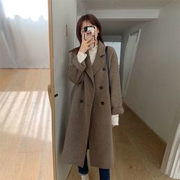 Womens Wool Blends EVLOOKS Autumn Winter Korean Woolen Coat Womens Classic Retro Double Breasted Loose Slim Medium and Long Abrigos Mujer 221007