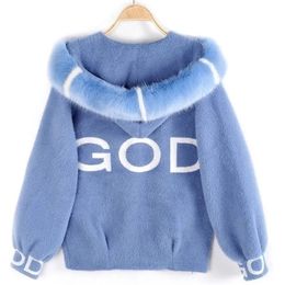 Womens Knits Tees Fall Fur Collar Hooded Mink Cashmere Knitted Jacket Women Korean Fashion Long Sleeve Sweater Cardigan Casual Soft Short Outwear 221007