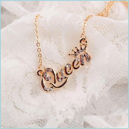 Pendant Necklaces Gold-Color Queen Crown Chain Necklace Zircon Crystal Women Fashion Jewelry Birthday Present 3 Color For Choice 29 U Dhabf