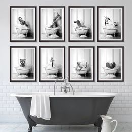 Canvas Painting Black White Animals In Tub Bathroom Wall Art Posters and Prints Wall Pictur for Kids Living Room Decor One Piece
