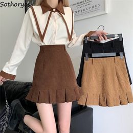 Skirts Ruffles Mini Women Autumn Corduroy Pleated Tender Warm Thicken Classic Retro Solid High Waist Stylish A-lien Hipster Ins 221007