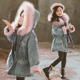 Down Coat Girls Winter Denim Jackets Plus Velvet Hooded fur Collar Outerwear 6 8 10 Years Kids Clothes Baby Thick s 221007