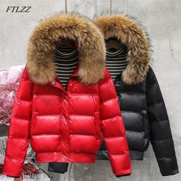 Women's Down Parkas FTLZZ Winter Real Raccoon Fur Feather Jacket Women Hooded Slim White Duck Down Short Parkas Female Black Khaki Snow Outwear Coat 221007