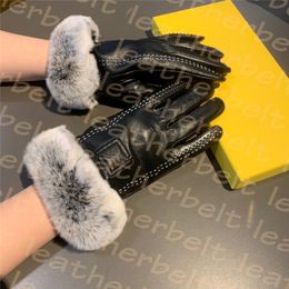 Women Winter Gloves Warm Fur Mitten F Letter Sheepskin Gloves Gold Proof Driving Glove