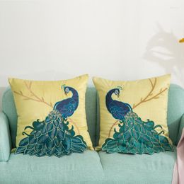 Pillow Chinese Classical Style Blue Peacock Embroidery Satin Cover 45x45cm Sofa Living Room Bedroom Home Decoration Case