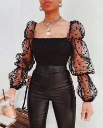 Women's Blouses Meihuida Sexy Women Lace See-through Tops Polka Dot Puff Long Sleeve Elastic Top Female Blouse Shirts Evening Party