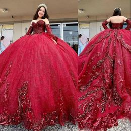 2023 Dark Red Quinceanera Dresses with Lace Sequins Applique Off the Shoulder Ball Gown Long Sleeves Sweet 16 Birthday Party Prom Formal Evening Wear Vestidos