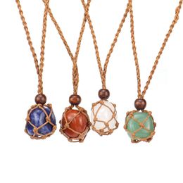 Natural Crystal Stone Pendant Necklace Net Bag Hand Woven Necklaces Yoga Energy Stone Adjustable