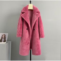 Women's Fur Faux Teddy Coat Winter Alpaca Fleece Fibre Wool Plush Lamb Mid Length 100 Australian wool fur jacket 221006