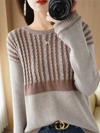 Women's Knits Tees Autumn Winter 100 Pure Cotton Sweater Women Oneck Pullover Contrast Vertical Stripe Loose Casual Knit Base Tops 221007