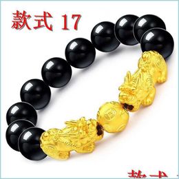 Beaded Strands Obsidian Stone Beads Strands Bracelet Brave Troops Good Luck Wealth Bracelets Black Gold Women Men Jewellery 7Yy Q2 Dro Dhnm8