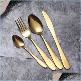 Flatware Sets Gold Cutlery Knife Flatware Set Stainless Steel Tableware Western Dinnerware Fork Spoon Steak Travel 4Pcs/Set Bdesybag Dho0S