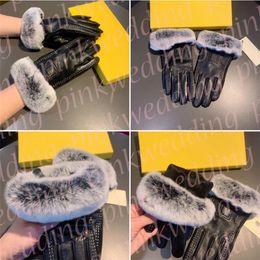 Winter Plush Warm Gloves Soft Fur Mittens F Letter Leather Gloves Outdoor Cold Proof Touch Screen Glove