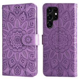 PU Leather Phone Cases for Samsung Galaxy S22 S21 S20 Ultra S10 Plus - Sunflower Embossing Wallet Flip Kickstand Protective Cover Case with Card Slots