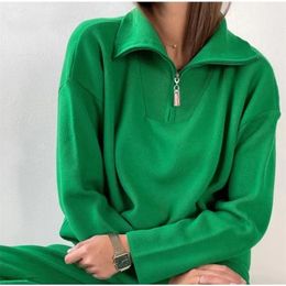 Women's Sweaters Women Green Womens Zip Fashion Female Casual Polo Neck Solid Oversized Pullovers Jumper Knitted Winter Tops 221007