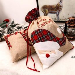 Linen Santa Sack Christmas Gift Bag Red Plaid Drawstring Tote Bags Festival Decoration JNB16050