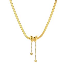Gold Color Stainless Steel Flat Snake Chain Necklace for Women Punk Vintage Butterfly Beads Pendant Necklace