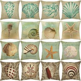 Pillow Conch Shell Pattern Cover 45X45 Letter Print Linen Pillowcase Living Room Decor Throw Retro Style Covers