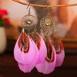 Bohemia Feather Dangle Earrings Dream Catcher Pendant Women Pink Fringed Earrings Jewelry Accessories