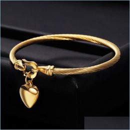 Bangle Titanium Steel Bangle Wire Gold Color Love Heart Charm Bracelet With Hook Closure Women Men Wedding Jewelry Gifts 2753 T2 Drop Dh6E0