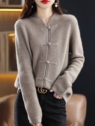 Women's Knits Tees Autumn Winter Women 100 Pure Wool Cardigan Casual Knitted Halfhigh Collar China Knot Buckle Sweater Knitted Cashmere Jacket 221007