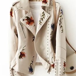 Women's Jackets FTLZZ Women Retro Floral Print Embroidery Faux Soft Leather Jacket Coat Turndown Collar Pu Moto Biker Black Punk Outerwear 221006