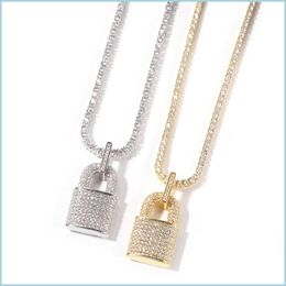 Pendant Necklaces Cz Lock Pendant Necklace 4Mm Tennis Chain Bling Cubic Zircon Charm Choker For Men Women Hip Hop Jewellery 1153 B3 Dro Dhxsq