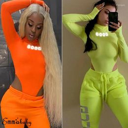 Women's Two Piece Pants Autumn Sexy Women Bodysuit Neon Green Slim Fit Jumpsuit Long Sleeves Tops