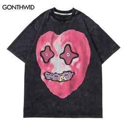 Men's T-Shirts Distressed T-Shirt Streetwear Hip Hop Funny Heart Ghost Print Punk Rock Gothic Tee Shirts 2022 Men Harajuku Cotton Loose Tshirt T221006